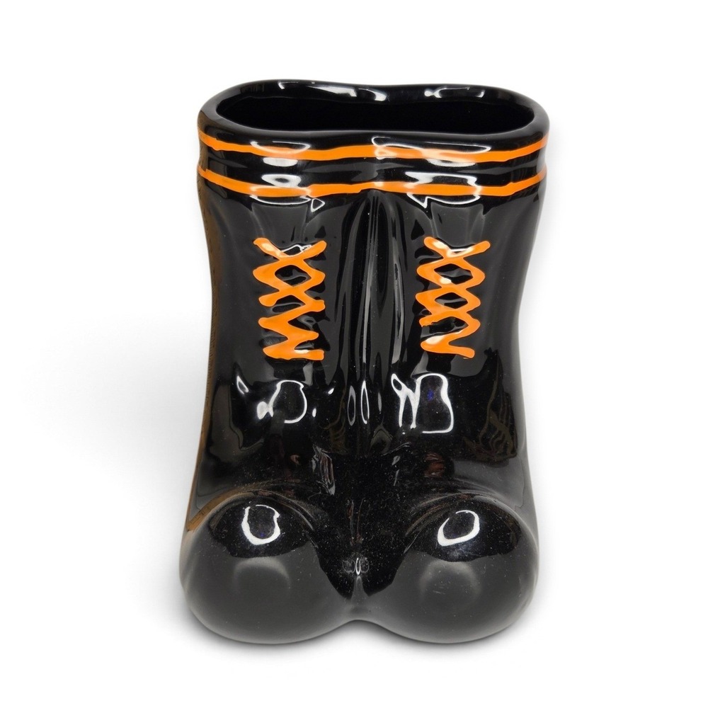 Black Ceramic Witch Boots Halloween Planter Vase Candy Dish Orange Laces Decor
